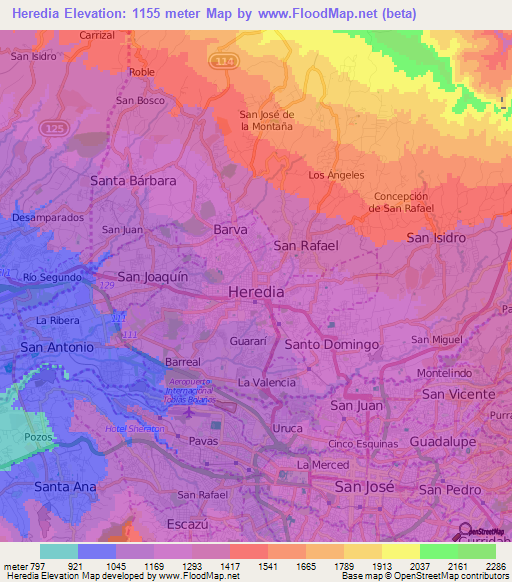 Heredia,Costa Rica Elevation Map