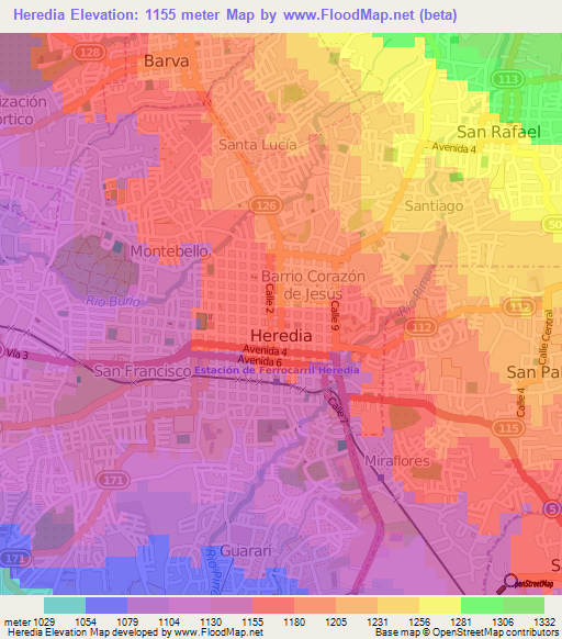 Heredia,Costa Rica Elevation Map