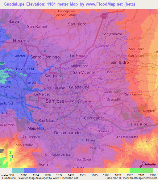 Guadalupe,Costa Rica Elevation Map