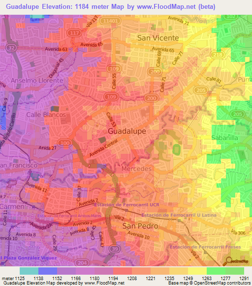 Guadalupe,Costa Rica Elevation Map