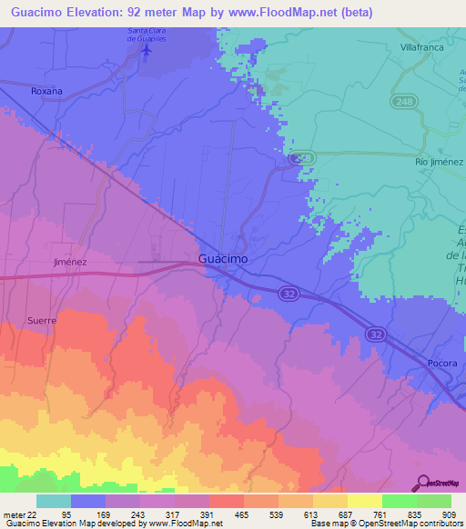 Guacimo,Costa Rica Elevation Map