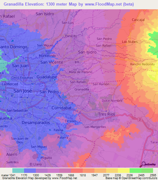 Granadilla,Costa Rica Elevation Map