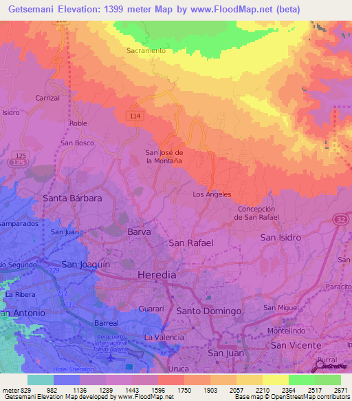 Getsemani,Costa Rica Elevation Map