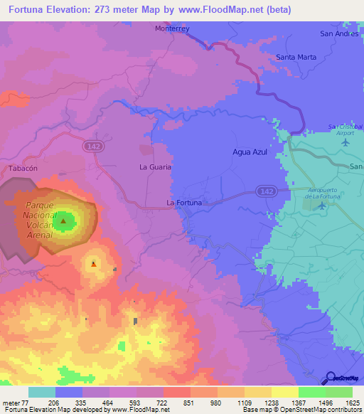 Fortuna,Costa Rica Elevation Map