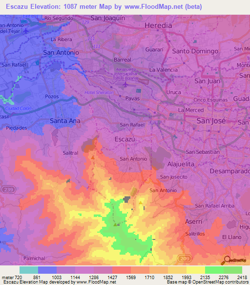 Escazu,Costa Rica Elevation Map