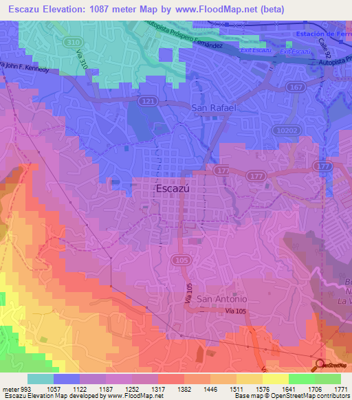Escazu,Costa Rica Elevation Map