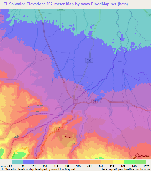 El Salvador,Costa Rica Elevation Map