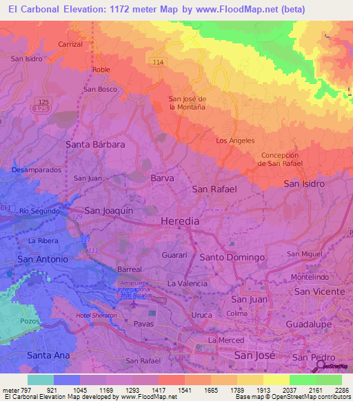 El Carbonal,Costa Rica Elevation Map