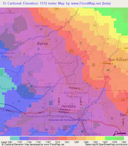 El Carbonal,Costa Rica Elevation Map