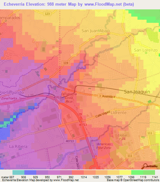 Echeverria,Costa Rica Elevation Map