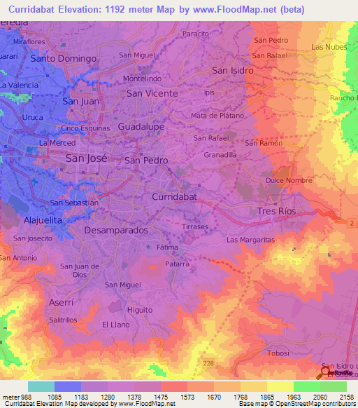 Curridabat,Costa Rica Elevation Map
