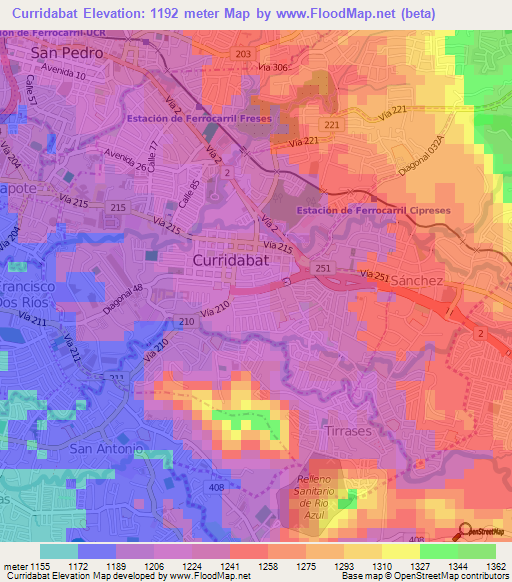 Curridabat,Costa Rica Elevation Map