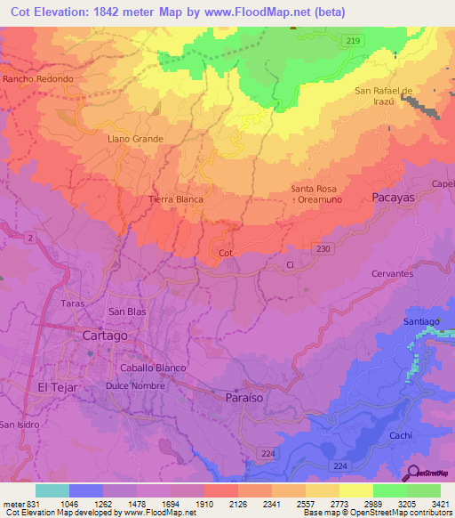 Cot,Costa Rica Elevation Map