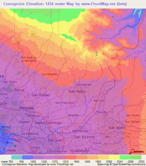 Concepcion,Costa Rica Elevation Map