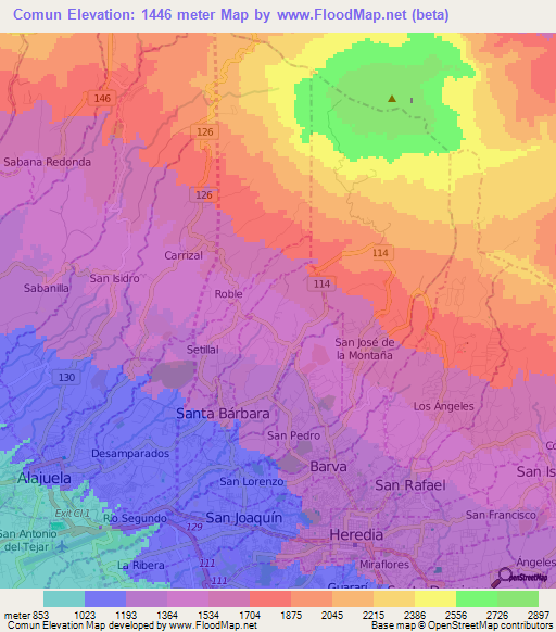 Comun,Costa Rica Elevation Map