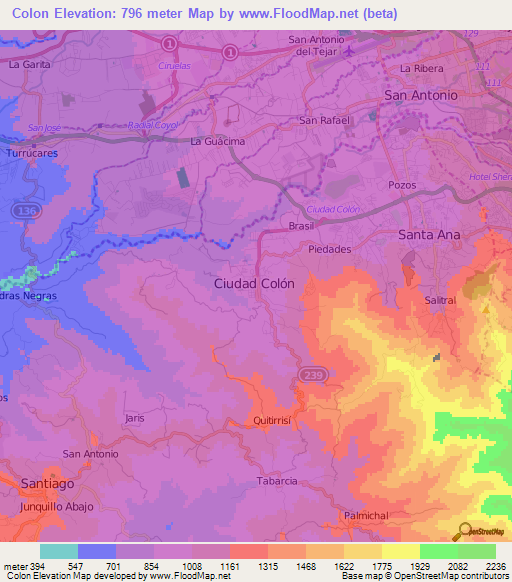 Colon,Costa Rica Elevation Map
