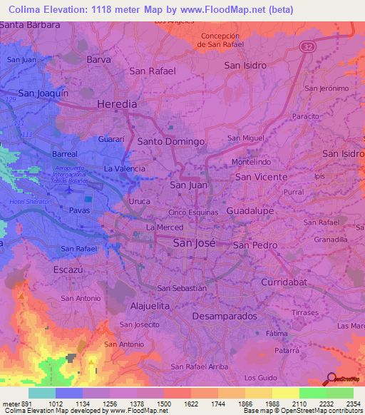 Colima,Costa Rica Elevation Map