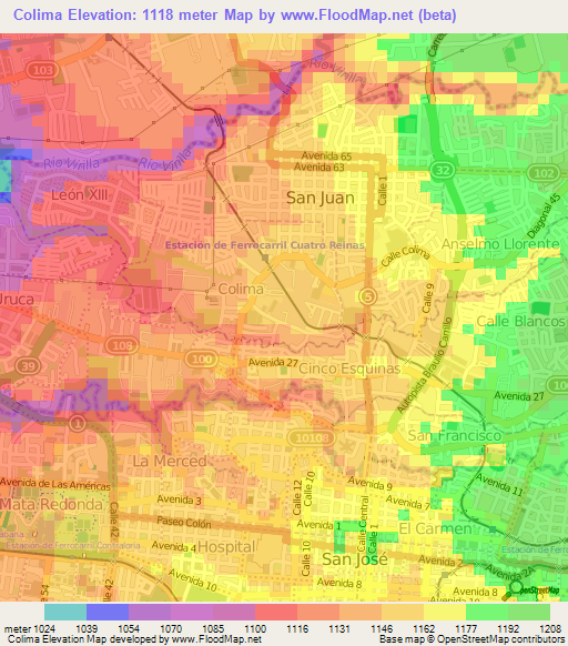 Colima,Costa Rica Elevation Map