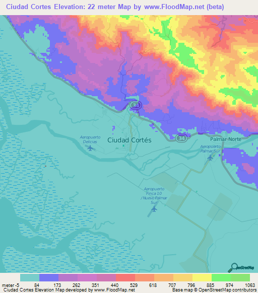 Ciudad Cortes,Costa Rica Elevation Map
