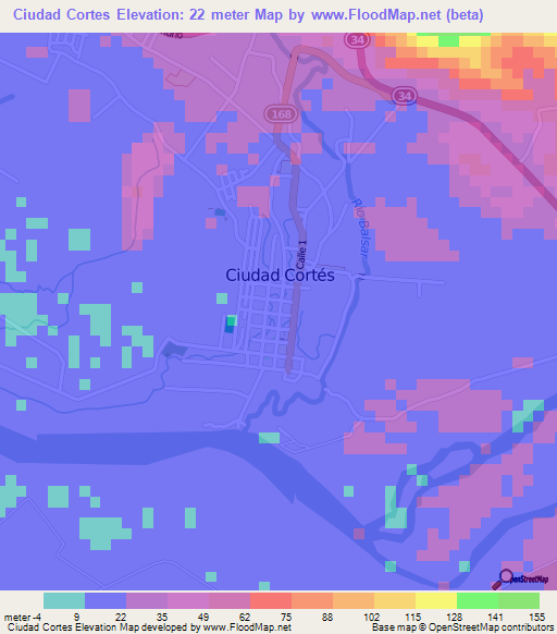 Ciudad Cortes,Costa Rica Elevation Map