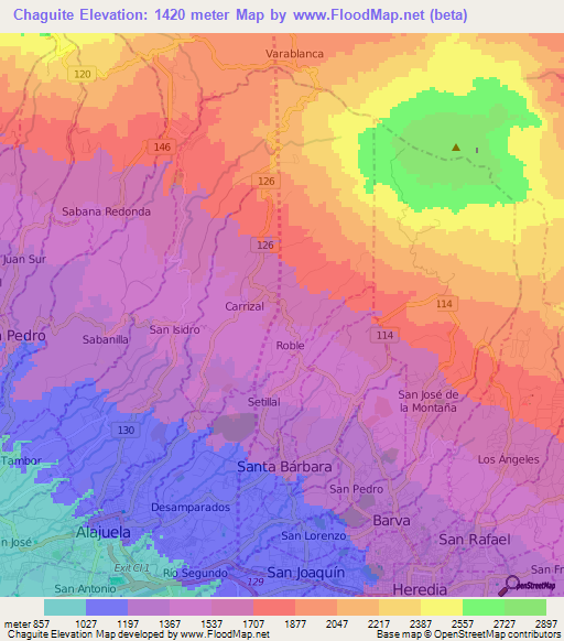 Chaguite,Costa Rica Elevation Map