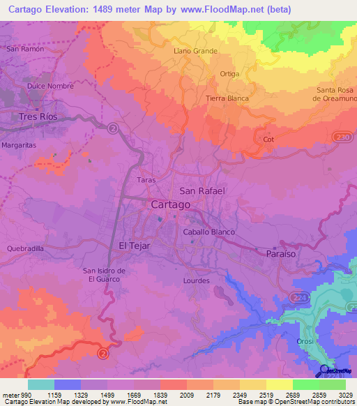 Cartago,Costa Rica Elevation Map