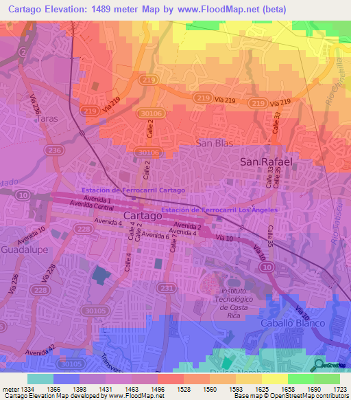 Cartago,Costa Rica Elevation Map