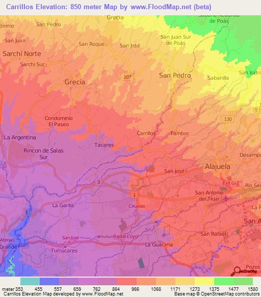 Carrillos,Costa Rica Elevation Map