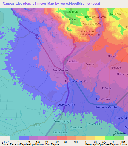 Canoas,Costa Rica Elevation Map