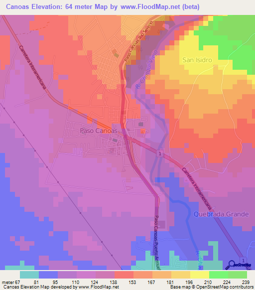Canoas,Costa Rica Elevation Map