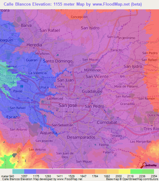 Calle Blancos,Costa Rica Elevation Map