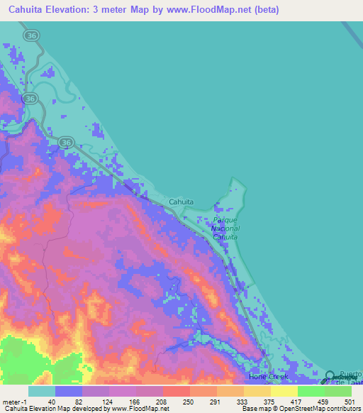 Cahuita,Costa Rica Elevation Map