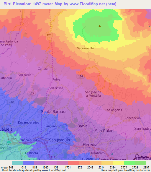 Birri,Costa Rica Elevation Map