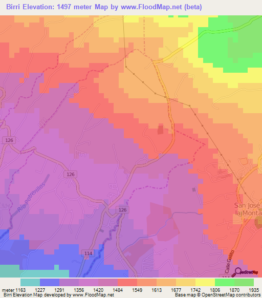 Birri,Costa Rica Elevation Map