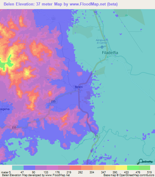 Belen,Costa Rica Elevation Map