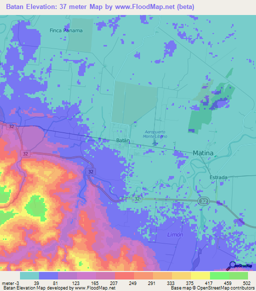 Batan,Costa Rica Elevation Map