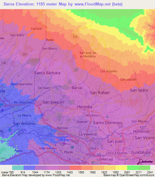Barva,Costa Rica Elevation Map