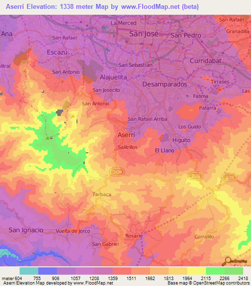 Aserri,Costa Rica Elevation Map