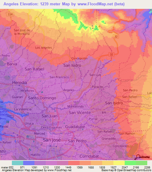 Angeles,Costa Rica Elevation Map