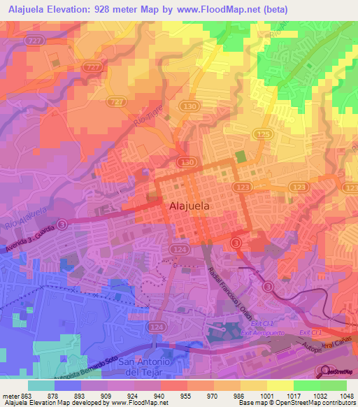 Alajuela,Costa Rica Elevation Map