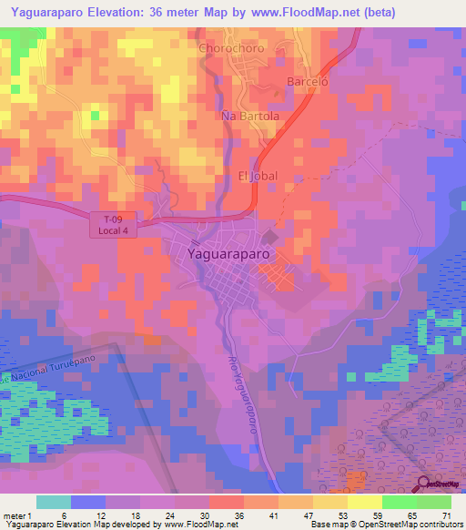 Yaguaraparo,Venezuela Elevation Map