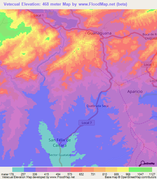 Vetecual,Venezuela Elevation Map