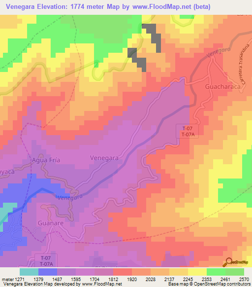 Venegara,Venezuela Elevation Map