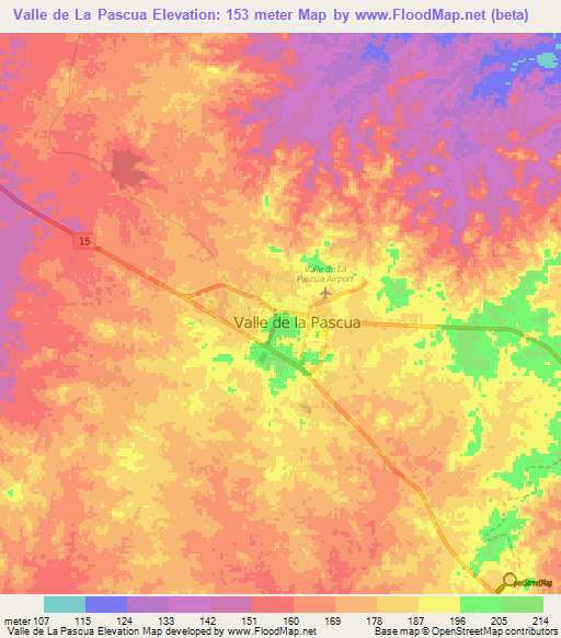 Valle de La Pascua,Venezuela Elevation Map
