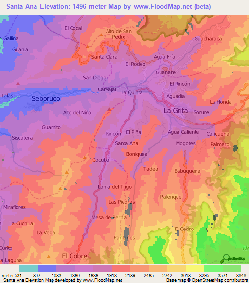 Santa Ana,Venezuela Elevation Map