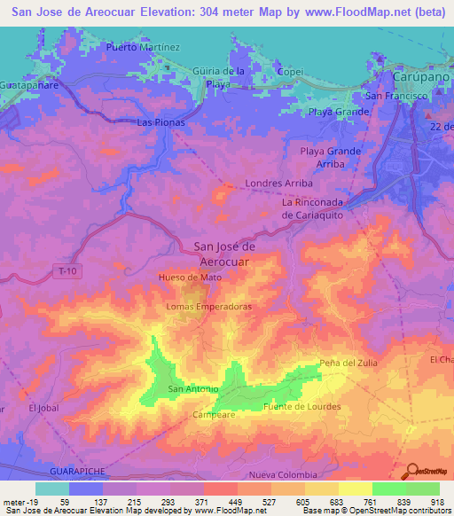 San Jose de Areocuar,Venezuela Elevation Map