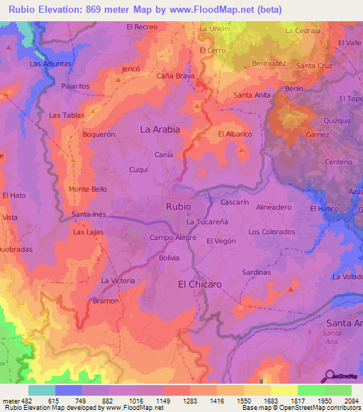 Rubio,Venezuela Elevation Map