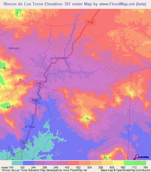 Rincon de Los Toros,Venezuela Elevation Map