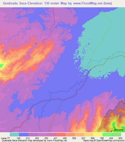 Quebrada Seca,Venezuela Elevation Map