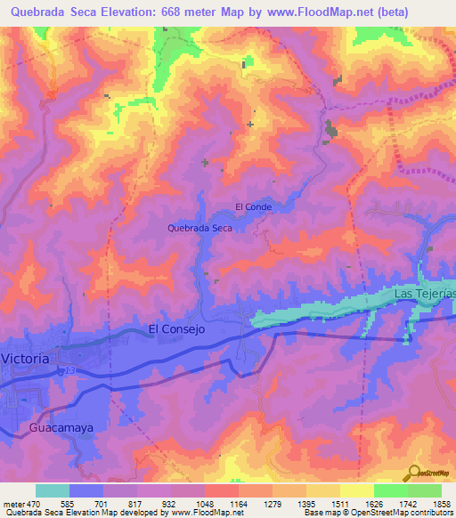 Quebrada Seca,Venezuela Elevation Map
